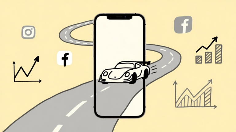 自动生成图片: A minimalist illustration of a smartphone screen showing a simple, hand-drawn racing car on a doodle-style track, surrounded by upward trending graphs and social media icons, soft yellow and grey color scheme, clean flat design high quality illustration, detailed, 16:9