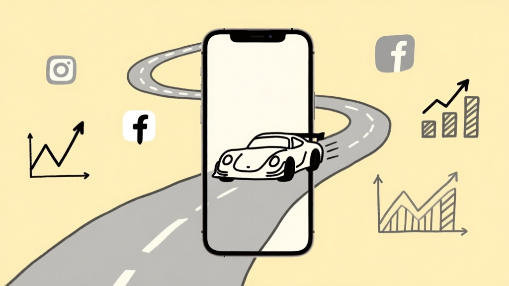 A minimalist illustration of a smartphone screen showing a simple, hand-drawn racing car on a doodle-style track, surrounded by upward trending graphs and social media icons, soft yellow and grey color scheme, clean flat design high quality illustration, detailed, 16:9