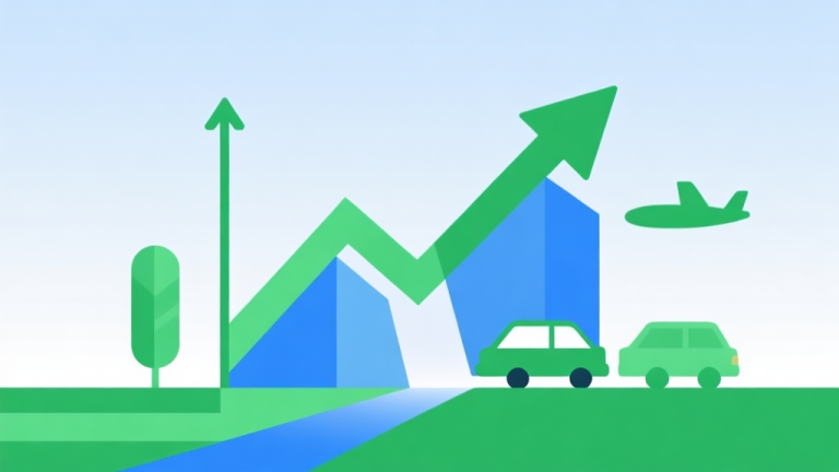 自动生成图片: Upward trending graph with simple geometric elements representing ground and air vehicles merging, green and blue color palette, clean business infographic style, minimal design high quality illustration, detailed, 16:9