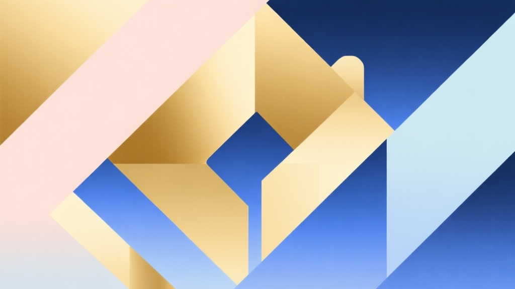 Abstract geometric composition with overlapping shapes in gold and blue, soft pastel colors, modern minimal style, professional gaming concept illustration high quality illustration, detailed, 16:9