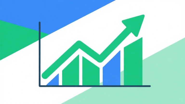 自动生成图片: Upward trending graph with simple geometric elements, green and blue color palette, clean business infographic style, minimal design, representing market growth high quality illustration, detailed, 16:9