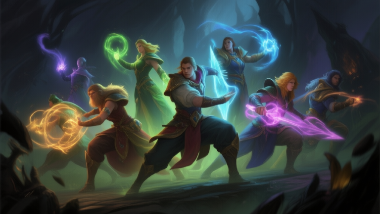 自动生成图片: Dynamic, epic video game key art featuring a team of diverse fantasy heroes in action poses, glowing magical effects, dark fantasy background, cinematic lighting, trending on ArtStation, digital painting style high quality illustration, detailed, 16:9