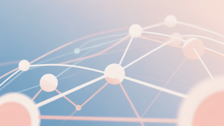 自动生成图片: Abstract network nodes connected by lines, soft color scheme, clean minimal illustration, modern digital concept representing trends and connections high quality illustration, detailed, 16:9