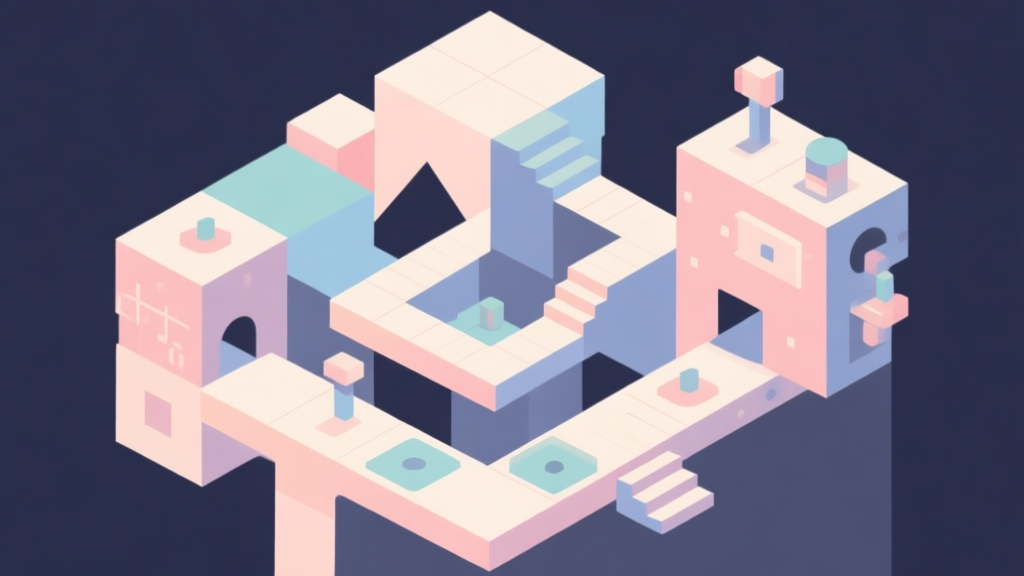 Abstract geometric composition with overlapping shapes representing game levels and mechanics, soft pastel colors, modern minimal style, professional game design concept illustration high quality illustration, detailed, 16:9