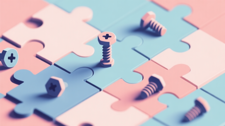 自动生成图片: Abstract geometric composition with overlapping puzzle pieces and screws, soft pastel colors, modern minimal style, professional game concept illustration high quality illustration, detailed, 16:9