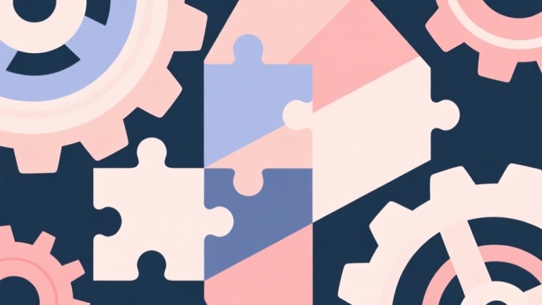 自动生成图片: Abstract geometric composition with overlapping puzzle pieces and mechanical gears, soft pastel colors, modern minimal style, professional gaming trend concept illustration high quality illustration, detailed, 16:9
