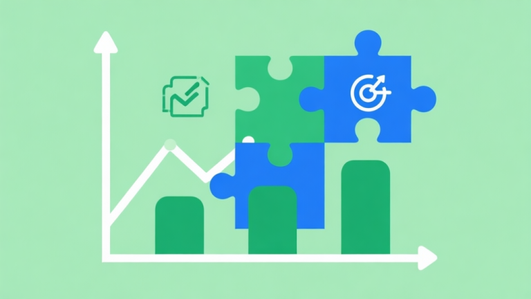自动生成图片: Upward trending graph with simple geometric elements, green and blue color palette, clean business infographic style, minimal design, showing puzzle pieces merging with strategy icons high quality illustration, detailed, 16:9