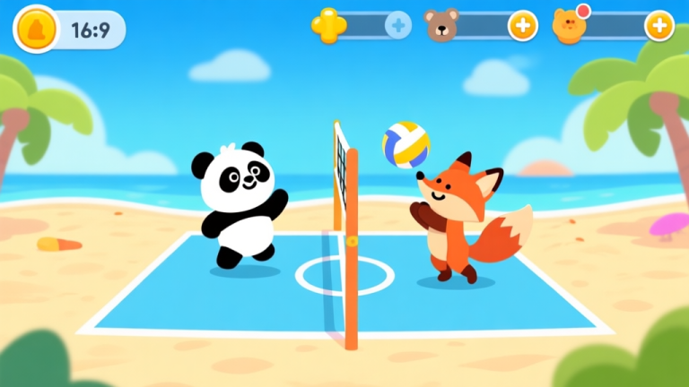 自动生成图片: A vibrant, playful mobile game screenshot showing cartoon animals like a panda and a fox playing volleyball on a sunny beach court, minimalist UI, bright colors, clean and fun aesthetic high quality illustration, detailed, 16:9