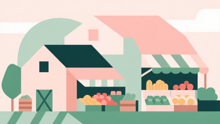 自动生成图片: Abstract geometric composition with overlapping shapes representing farm and market elements, soft pastel colors, modern minimal style, professional business concept illustration high quality illustration, detailed, 16:9