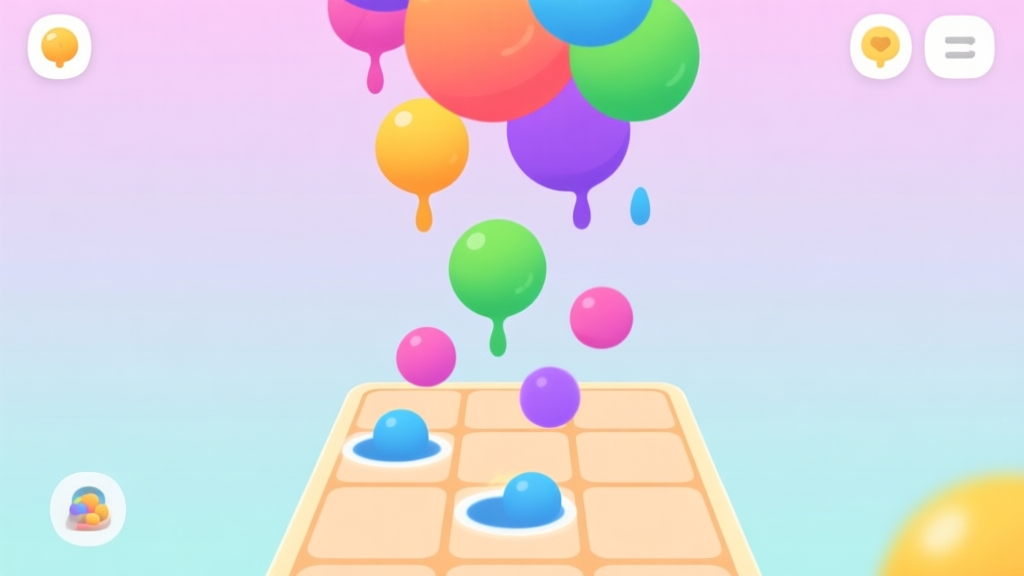 A vibrant, minimalist mobile game interface showing colorful blobs dropping onto a grid, with a merge animation in progress. Soft pastel background, clean icons, playful yet modern design. high quality illustration, detailed, 16:9