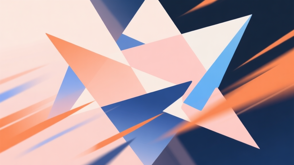 Abstract geometric composition with overlapping shapes in dynamic motion, soft pastel colors with streaks of orange and blue, modern minimal style, professional gaming concept illustration high quality illustration, detailed, 16:9