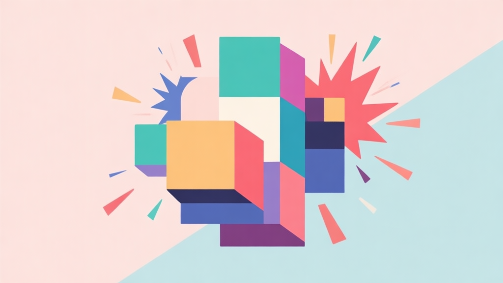 Abstract geometric composition with overlapping colorful blocks and explosion effects, soft pastel background, clean minimal style, modern puzzle game concept illustration high quality illustration, detailed, 16:9
