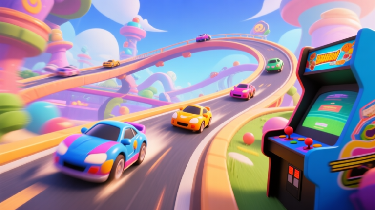 自动生成图片: Vibrant arcade racing game screenshot, colorful cartoon cars speeding on a fantastical track with loops and jumps, dynamic action shot, playful and energetic style, Indonesian gaming aesthetic high quality illustration, detailed, 16:9