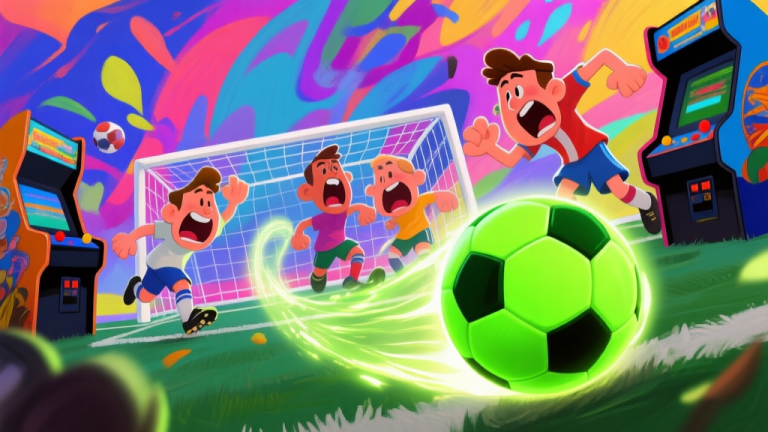 自动生成图片: Vibrant and chaotic arcade soccer match scene, cartoonish players with exaggerated expressions, neon green soccer ball leaving a trail of light, dynamic camera angle from behind the goal, colorful abstract background, digital painting style high quality illustration, detailed, 16:9