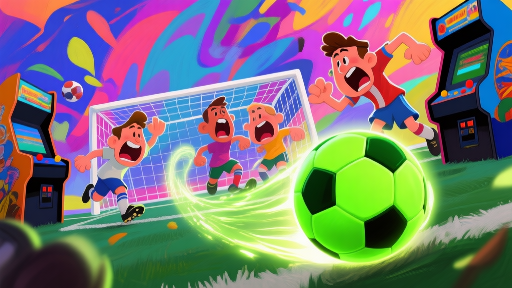 Vibrant and chaotic arcade soccer match scene, cartoonish players with exaggerated expressions, neon green soccer ball leaving a trail of light, dynamic camera angle from behind the goal, colorful abstract background, digital painting style high quality illustration, detailed, 16:9