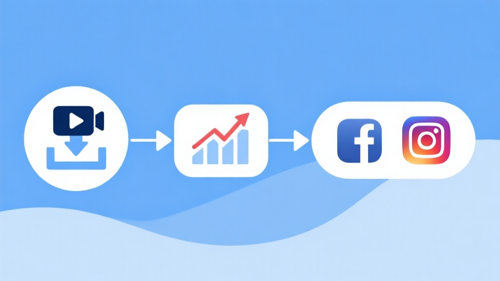Simple flowchart illustration showing a video upload symbol leading to trending graph icons and social media logos, light blue and white color scheme, clean minimal design, business presentation style high quality illustration, detailed, 16:9