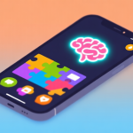 自动生成图片: A vibrant, minimalist smartphone screen displaying colorful puzzle game icons and a glowing brain logo, set against a soft gradient background of orange and blue, clean flat design style high quality illustration, detailed, 16:9