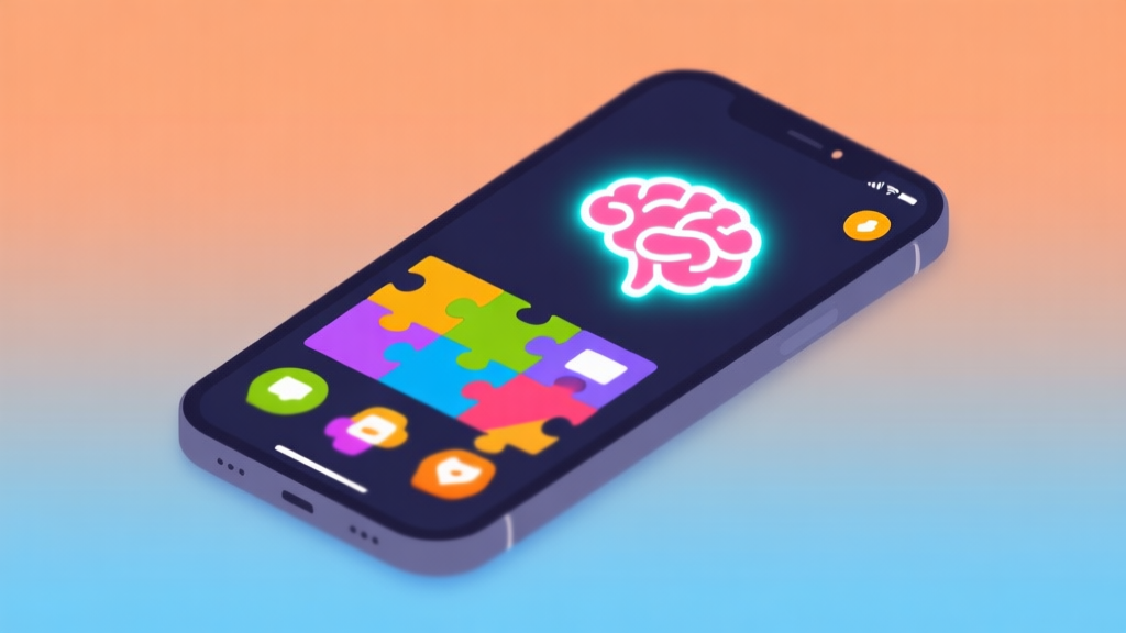 A vibrant, minimalist smartphone screen displaying colorful puzzle game icons and a glowing brain logo, set against a soft gradient background of orange and blue, clean flat design style high quality illustration, detailed, 16:9