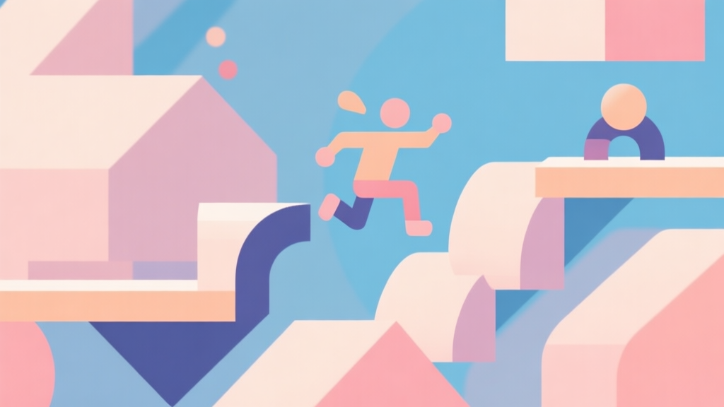 Abstract geometric composition with overlapping shapes in soft pastel colors, representing playful jumping mechanics and obstacles, modern minimal style, professional game concept illustration high quality illustration, detailed, 16:9