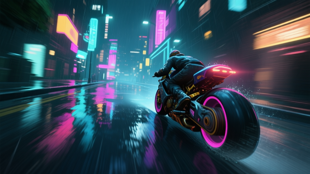 Dynamic video game screenshot of a first-person view racing through a vibrant, rain-slicked city street at night on a customized motorcycle, neon lights reflecting on the asphalt, sense of high speed and action, digital art style high quality illustration, detailed, 16:9