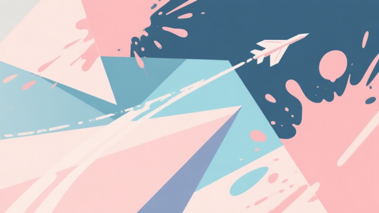自动生成图片: Abstract geometric composition with overlapping shapes resembling paint splashes and aircraft trails, soft pastel colors, modern minimal style, professional gaming concept illustration high quality illustration, detailed, 16:9
