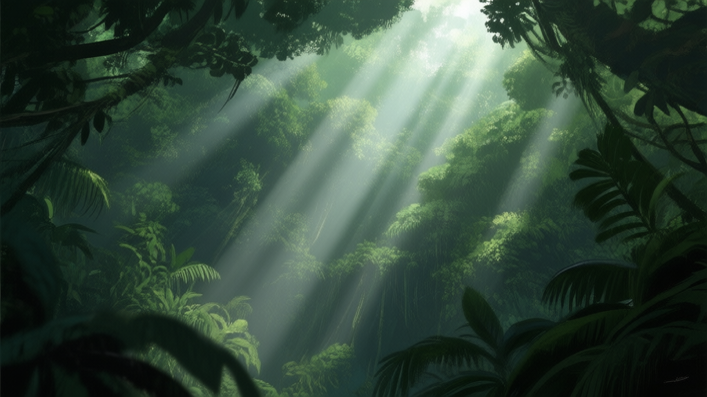 A mysterious and dense jungle canopy viewed from below, with shafts of light piercing through the thick foliage, creating an atmosphere of adventure and survival, digital art style, soft natural color palette high quality illustration, detailed, 16:9