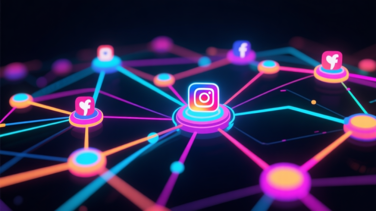自动生成图片: Abstract network nodes connected by lines, glowing with vibrant colors, representing social media trends and community hype, digital art style, dark background with neon accents high quality illustration, detailed, 16:9