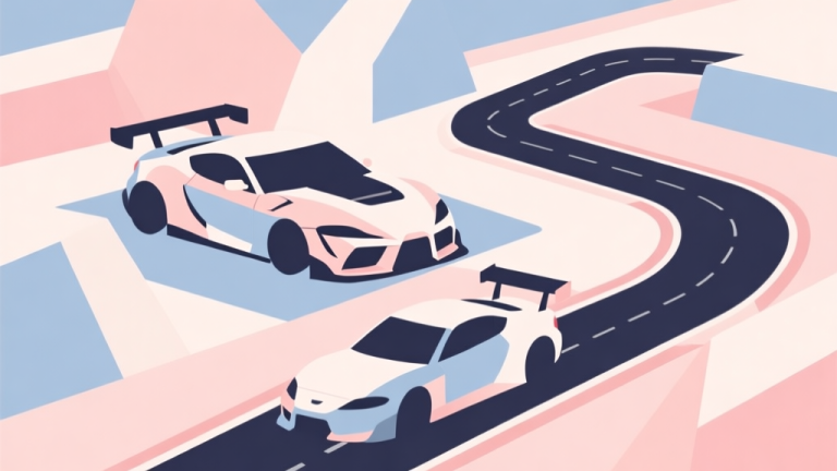 自动生成图片: Abstract geometric composition with overlapping shapes representing car tuning parts and racing circuits, soft pastel colors, modern minimal style, professional gaming concept illustration high quality illustration, detailed, 16:9