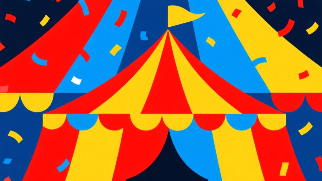 Abstract geometric composition with overlapping shapes in vibrant circus colors (red, yellow, blue), forming a tent and confetti, modern minimal style, trending concept illustration high quality illustration, detailed, 16:9