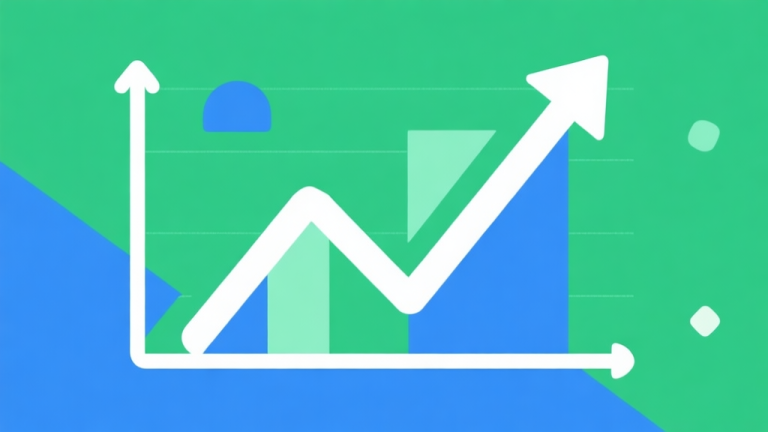自动生成图片: Upward trending graph with simple geometric elements, green and blue color palette, clean business infographic style, minimal design, representing growth trend high quality illustration, detailed, 16:9