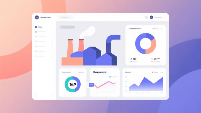 自动生成图片: Minimalist business dashboard with abstract data visualization, soft gradient background, professional color scheme, clean geometric shapes, flat design style, representing factory management and production flow high quality illustration, detailed, 16:9
