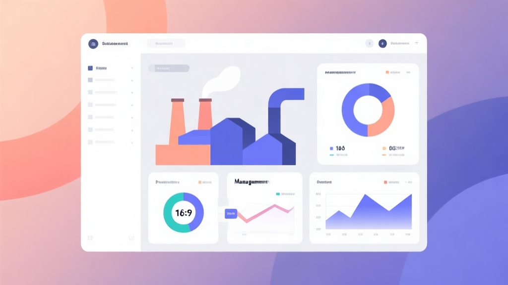 Minimalist business dashboard with abstract data visualization, soft gradient background, professional color scheme, clean geometric shapes, flat design style, representing factory management and production flow high quality illustration, detailed, 16:9