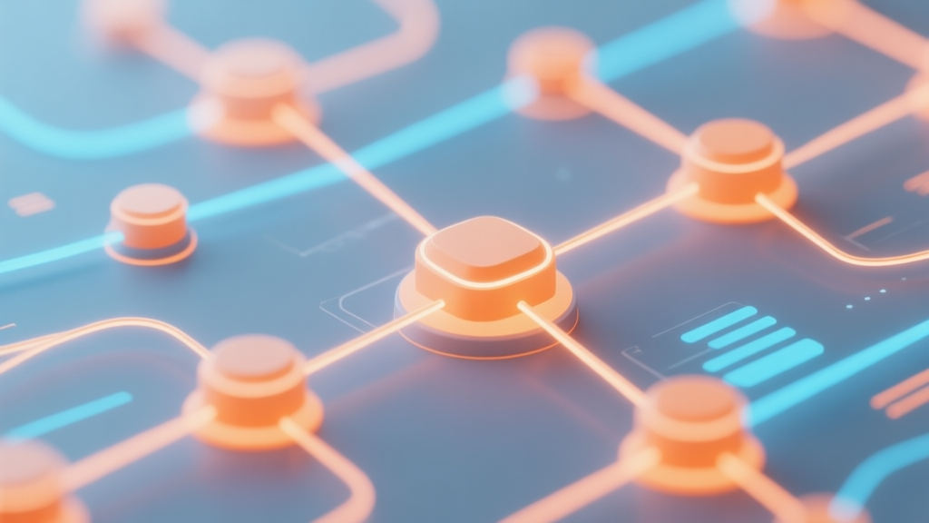 Abstract network nodes connected by lines, glowing connections representing data flow, soft color scheme with orange and blue accents, clean minimal illustration, modern digital automation concept high quality illustration, detailed, 16:9