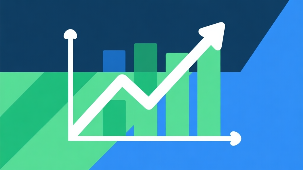 Upward trending graph with simple geometric elements, green and blue color palette, clean business infographic style, minimal design, representing market growth high quality illustration, detailed, 16:9