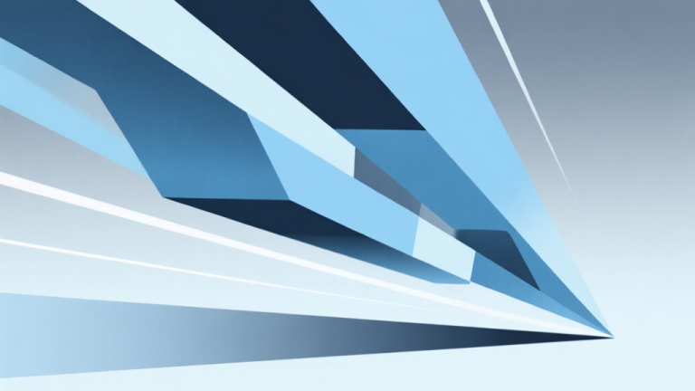 自动生成图片: Abstract geometric composition with overlapping shapes in dynamic downward motion, soft blue and grey gradient background, modern minimal style, conveying speed and challenge high quality illustration, detailed, 16:9