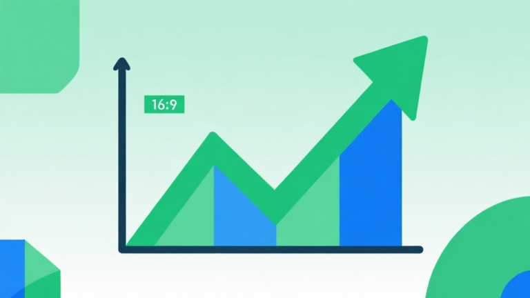 自动生成图片: Upward trending graph with simple geometric elements, green and blue color palette, clean business infographic style, minimal design, representing market growth trend high quality illustration, detailed, 16:9