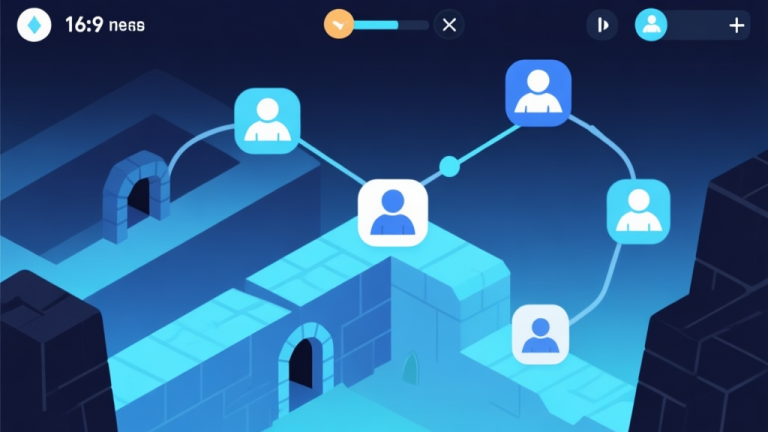 自动生成图片: A dynamic, minimalist game interface concept showing interconnected player icons and dungeon pathways, soft blue and dark gradient background, clean geometric shapes representing teamwork and adventure, digital collaboration style high quality illustration, detailed, 16:9