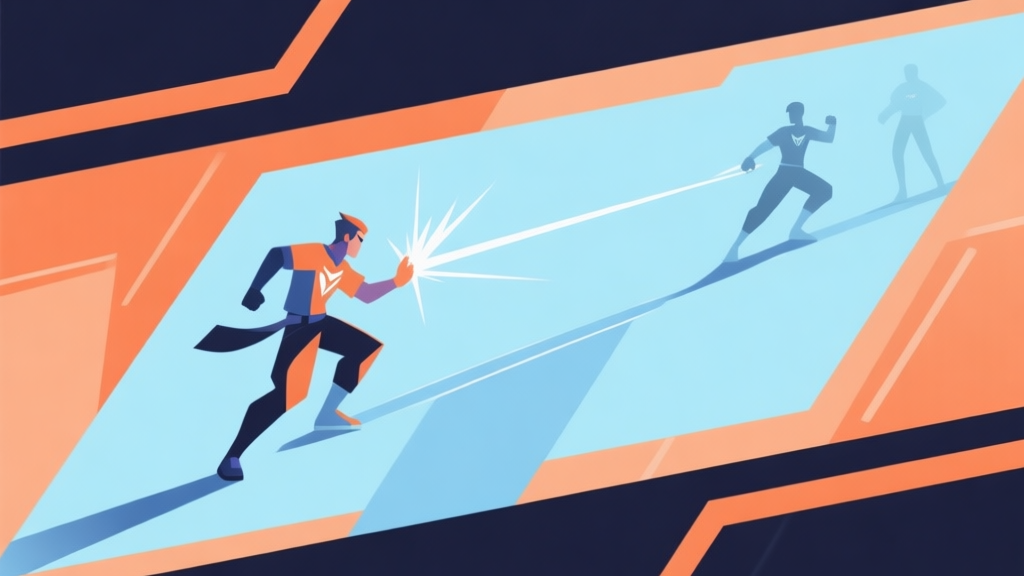 Abstract geometric composition showing a game character's movement path with a deceptive feint, soft blue and orange color scheme, clean lines illustrating attack range and positioning, modern esports concept illustration, minimalist style high quality illustration, detailed, 16:9