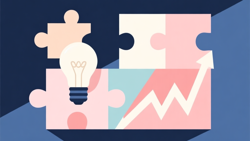 Abstract geometric composition with overlapping shapes representing puzzle pieces, a lightbulb, and a trending graph, soft pastel colors, modern minimal style, professional concept illustration for viral trends high quality illustration, detailed, 16:9