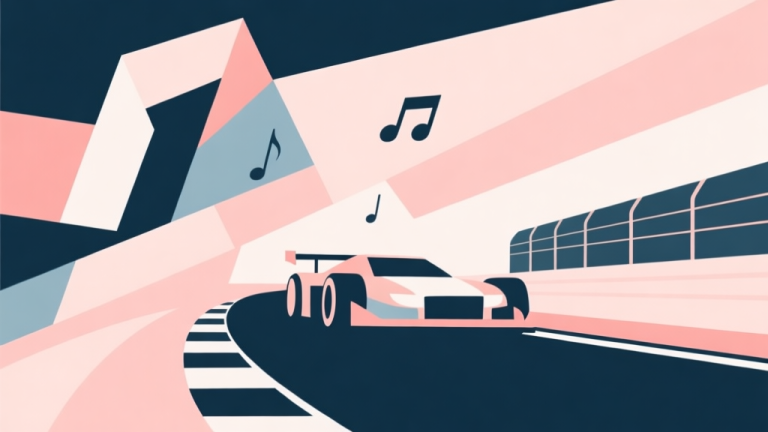 自动生成图片: Abstract geometric composition with overlapping shapes representing music and racing elements, soft pastel colors, modern minimal style, professional business concept illustration high quality illustration, detailed, 16:9