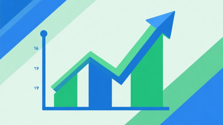 自动生成图片: Upward trending graph with simple geometric elements, green and blue color palette, clean business infographic style, minimal design, representing growth trend high quality illustration, detailed, 16:9