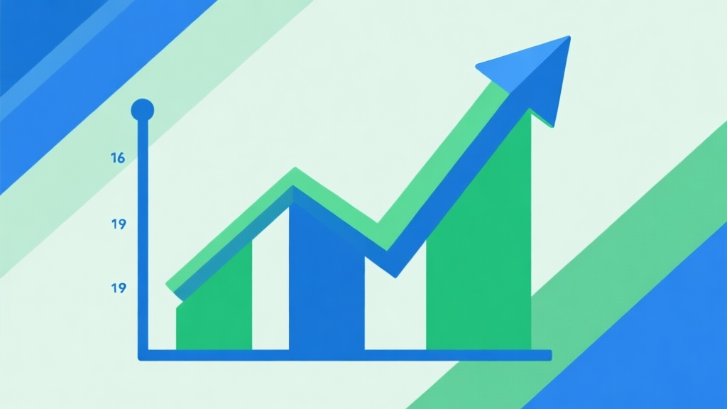 Upward trending graph with simple geometric elements, green and blue color palette, clean business infographic style, minimal design, representing growth trend high quality illustration, detailed, 16:9