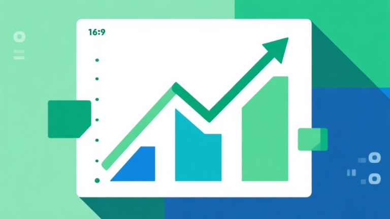 自动生成图片: Upward trending graph with simple geometric elements, green and blue color palette, clean business infographic style, minimal design, representing market growth high quality illustration, detailed, 16:9