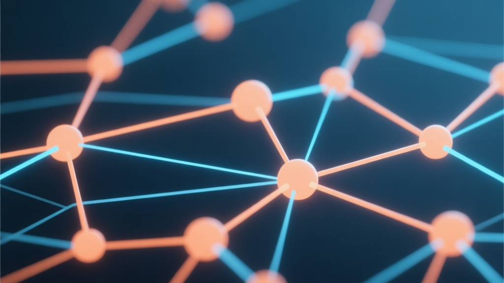 Abstract network nodes connected by lines, glowing connections in soft orange and blue, clean minimal illustration, modern digital trend concept high quality illustration, detailed, 16:9