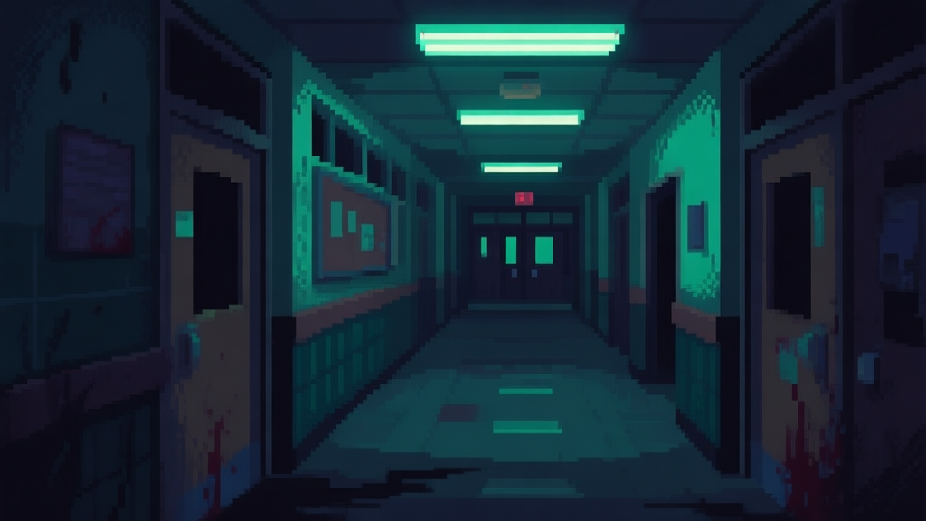 A dark, atmospheric corridor of a school with flickering fluorescent lights, viewed from a first-person perspective, pixel art style, evoking a sense of mystery and horror high quality illustration, detailed, 16:9