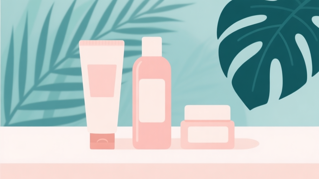 Minimalist illustration of a skincare routine with cleanser, toner, and moisturizer bottles on a clean surface, soft pastel colors, flat design style, tropical leaf in background high quality illustration, detailed, 16:9