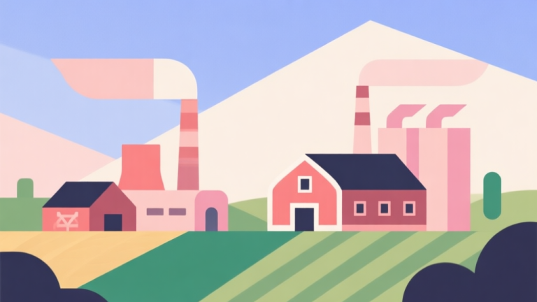 自动生成图片: Abstract geometric composition with overlapping shapes representing farm and factory elements, soft pastel colors, modern minimal style, professional business concept illustration for game comparison high quality illustration, detailed, 16:9