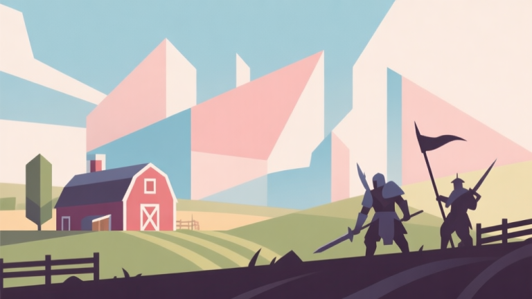 自动生成图片: Abstract geometric composition with overlapping shapes representing farm and battle elements, soft pastel colors, modern minimal style, professional gaming trend concept illustration high quality illustration, detailed, 16:9