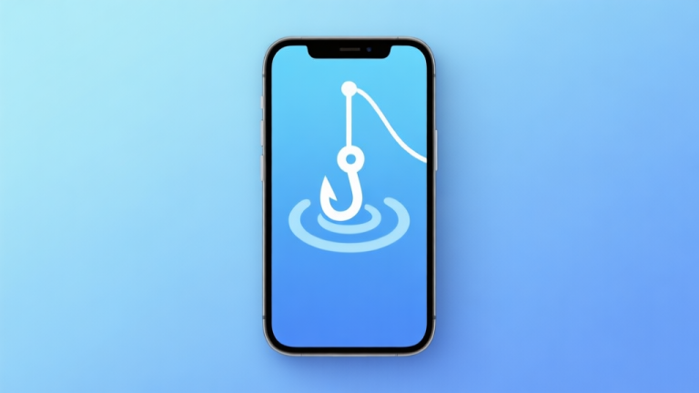 自动生成图片: A minimalist smartphone screen showing a stylized fishing game icon with a hook and ripple, placed on a soft blue gradient background. Clean, modern digital illustration. high quality illustration, detailed, 16:9