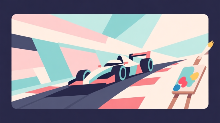 自动生成图片: Abstract geometric composition with overlapping shapes representing racing and painting, soft pastel colors, modern minimal style, professional game concept illustration high quality illustration, detailed, 16:9